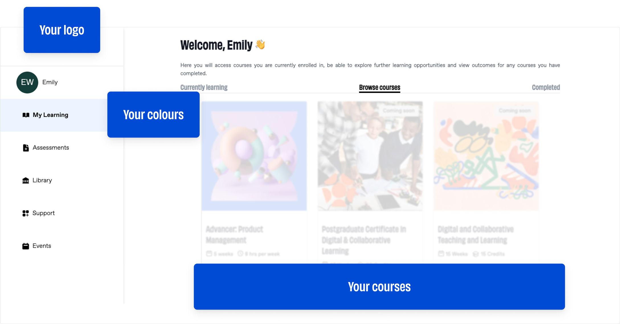 A screen shot of a learner dashboards with courses on a website.